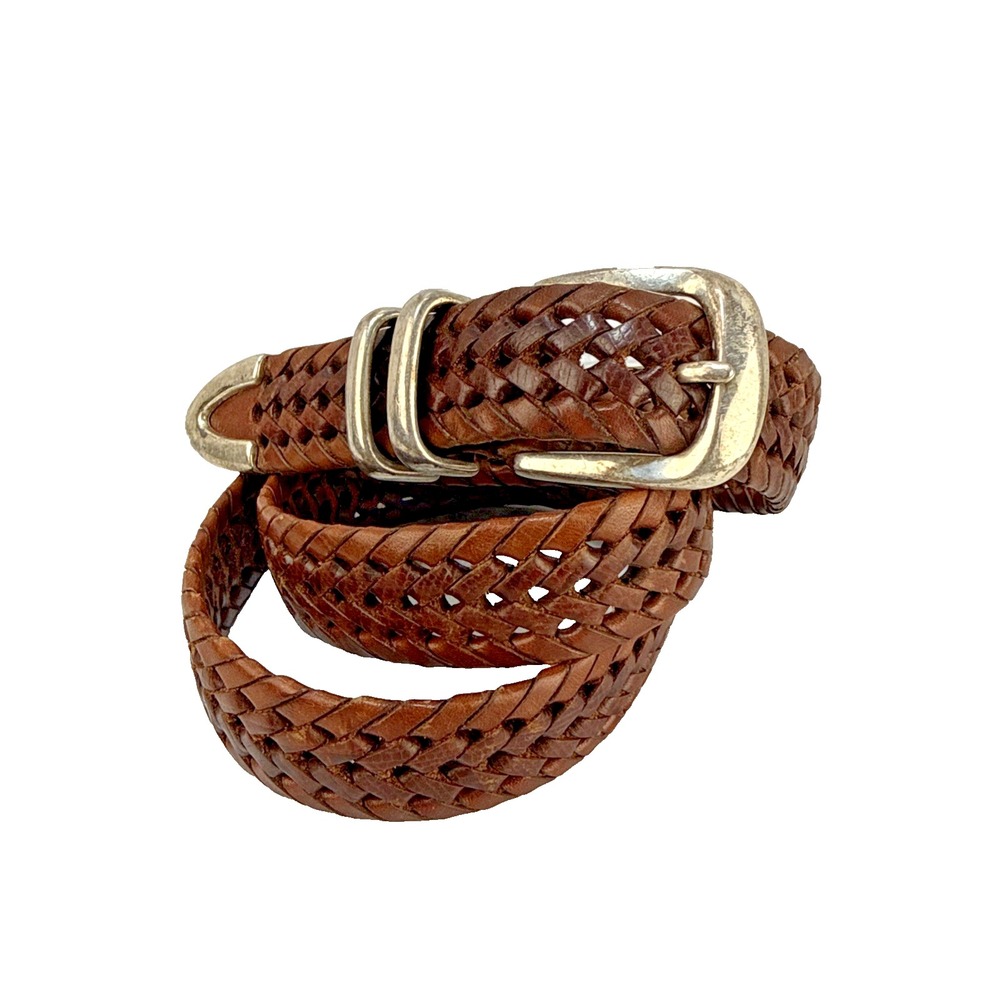 Fossil Vintage Mens Brown Braided Woven Leather Belt Size 36 Silver Tone Buckle